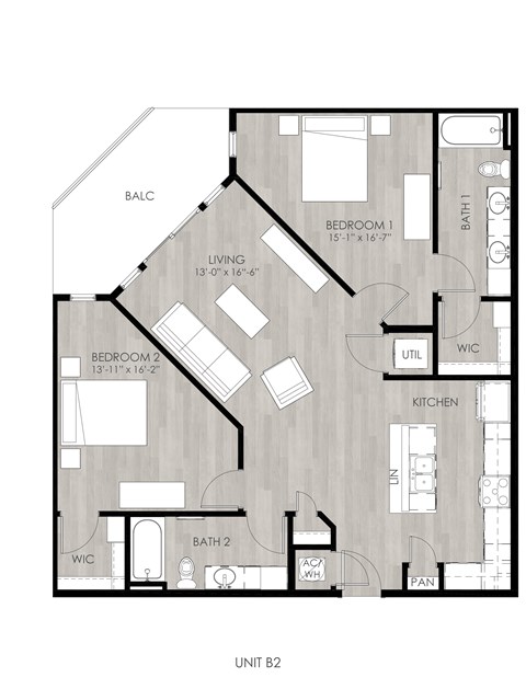 A black and white image of a floor plan for Unit B2.